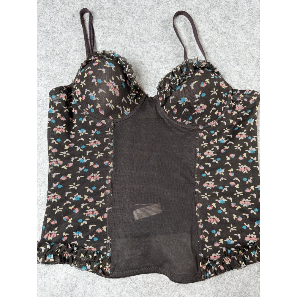 Donna Loren Womens Bustier Corset Top 34A Dark Brown Floral Mesh Ruffle Y2K